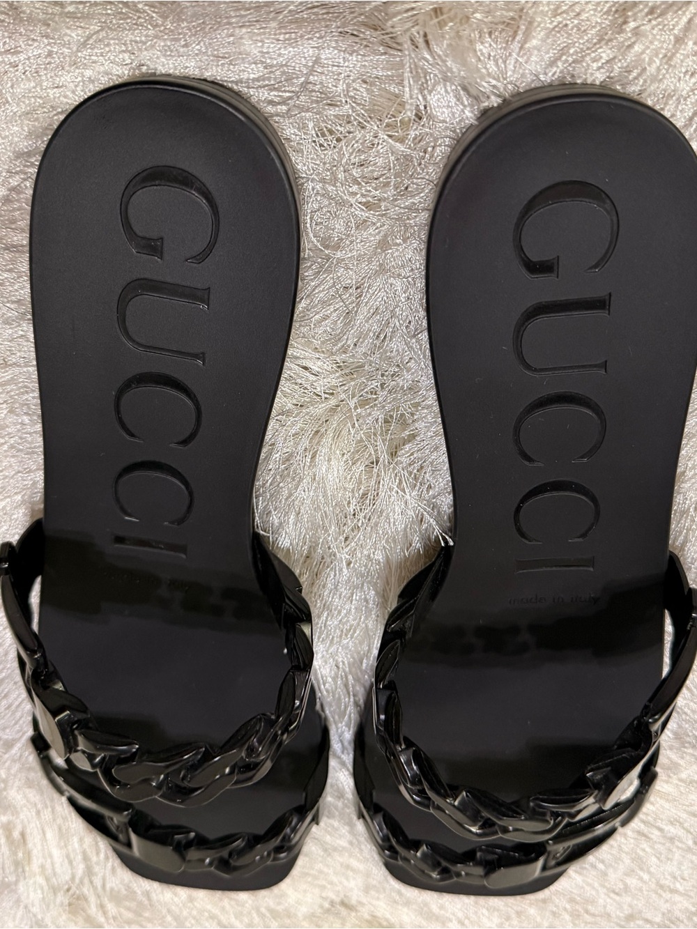 Authentic Gucci Black Patent Chain-Link Slide Sandals